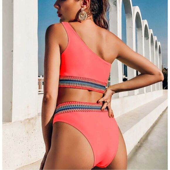 Shein High Waist Coral Orange Tribal Waist Cheeky Swim Bottom MEDIUM Beach - Picture 4 of 9
